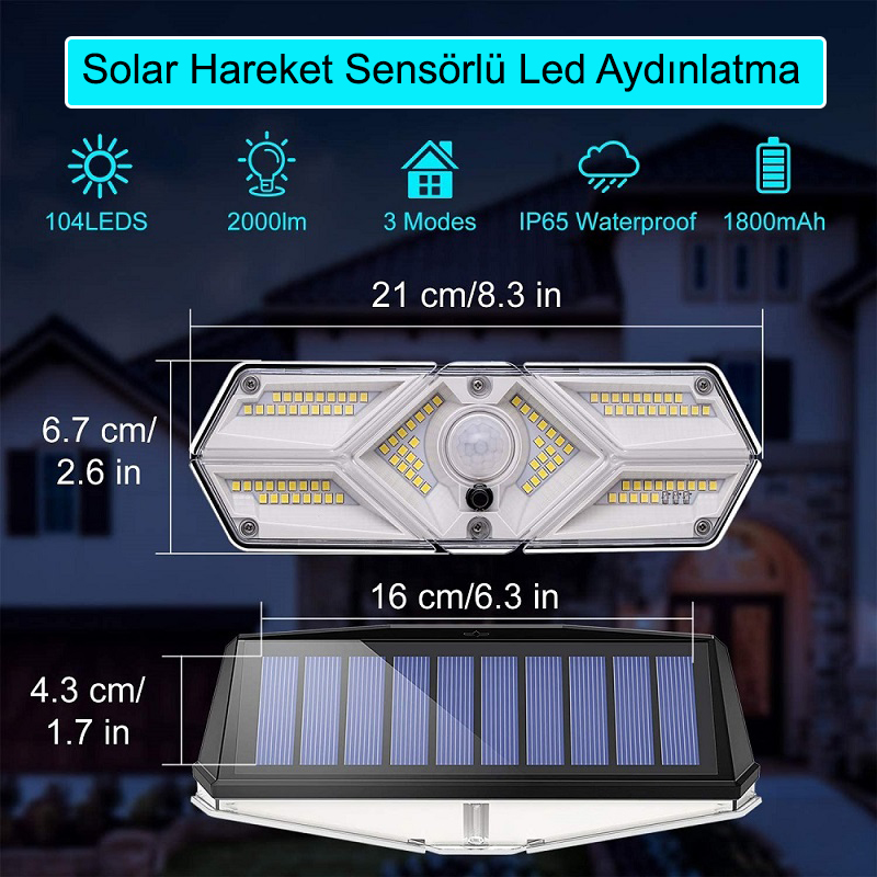 GREENTECH GT-SL13 GÜNEŞ ENERJİLİ HAREKET SENSÖRLÜ, 6 TARAFLI 104 LED AYDINLATMA